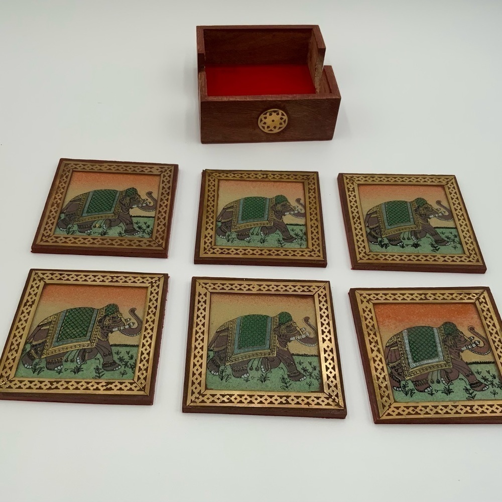 Set Of 6 Indian Sheesham Wood Elephant Square Coasters Never Used - Picture 2 of 5